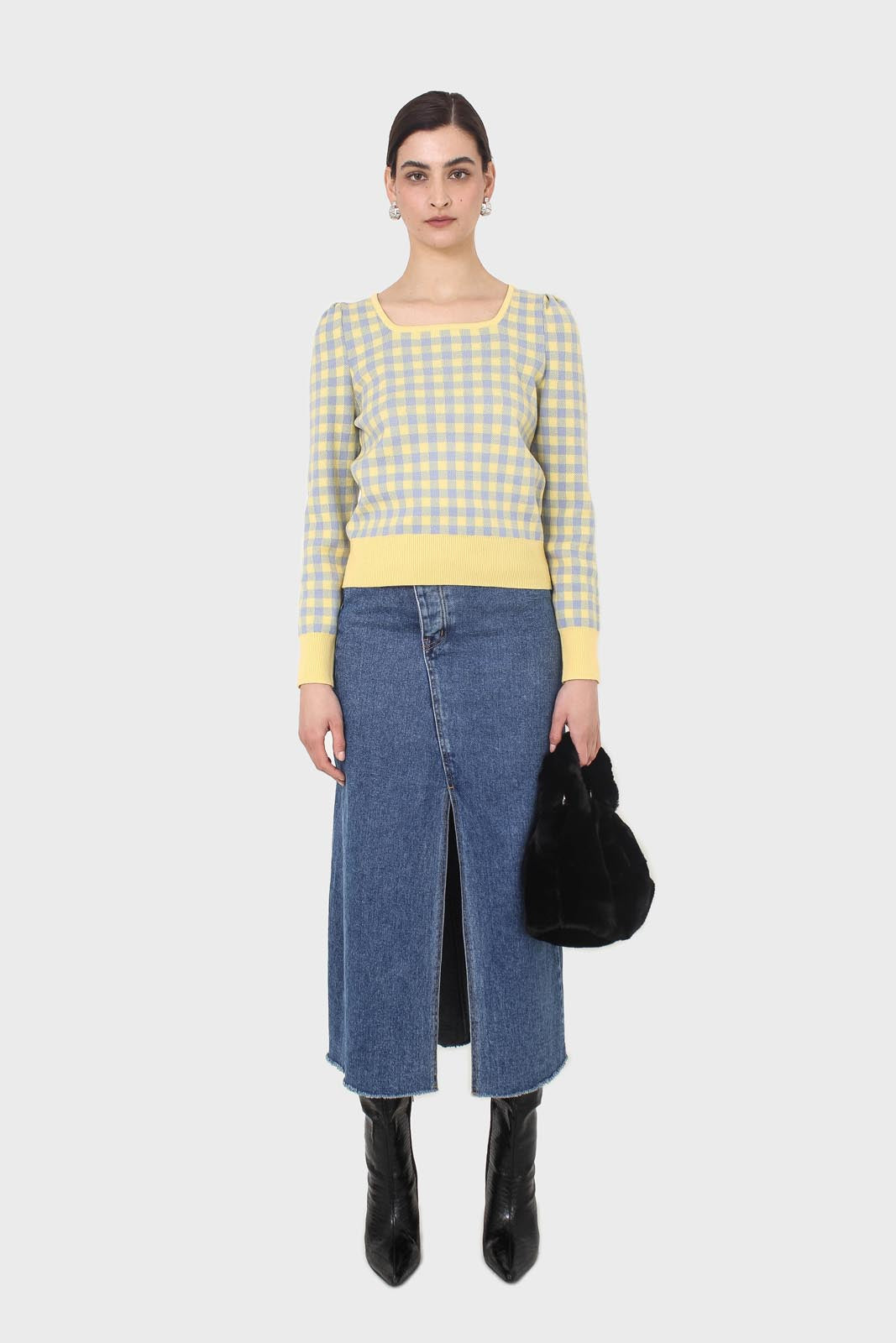 Yellow and blue checked knit top_2
