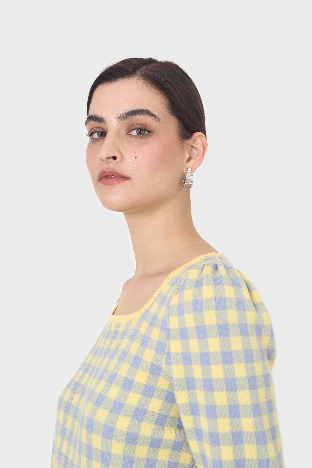 Yellow and blue checked knit top_8