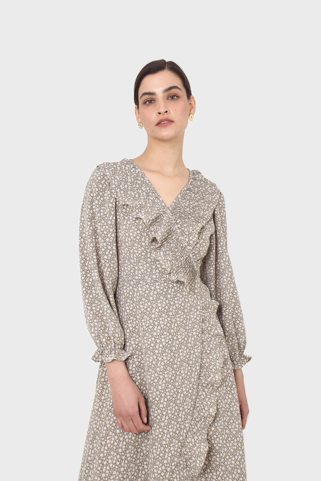 Ditsy floral print pleated ruffle V neck dress_5