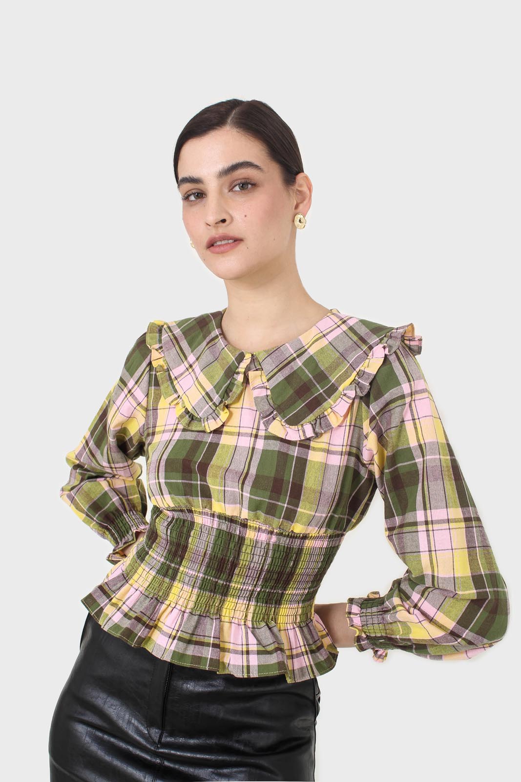 Lilac and green checked large collar blouse_1