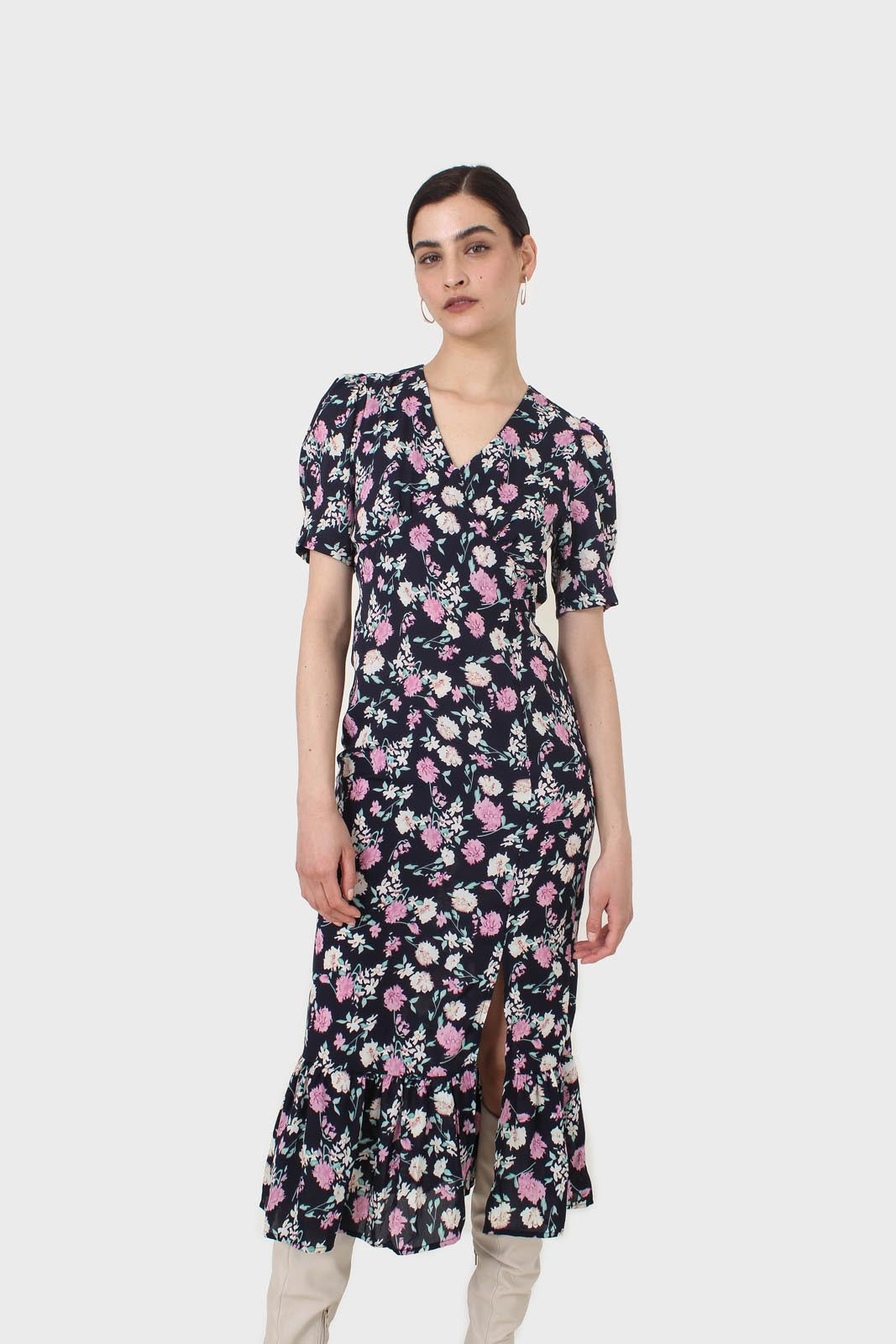 Navy pink and ivory floral tie back dress_1