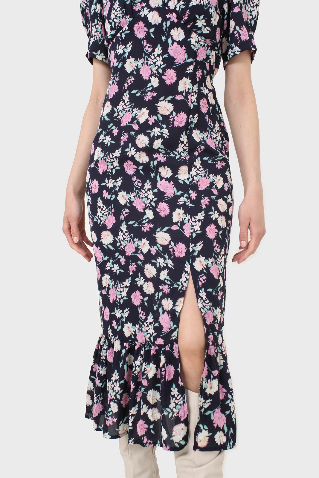 Navy pink and ivory floral tie back dress_2