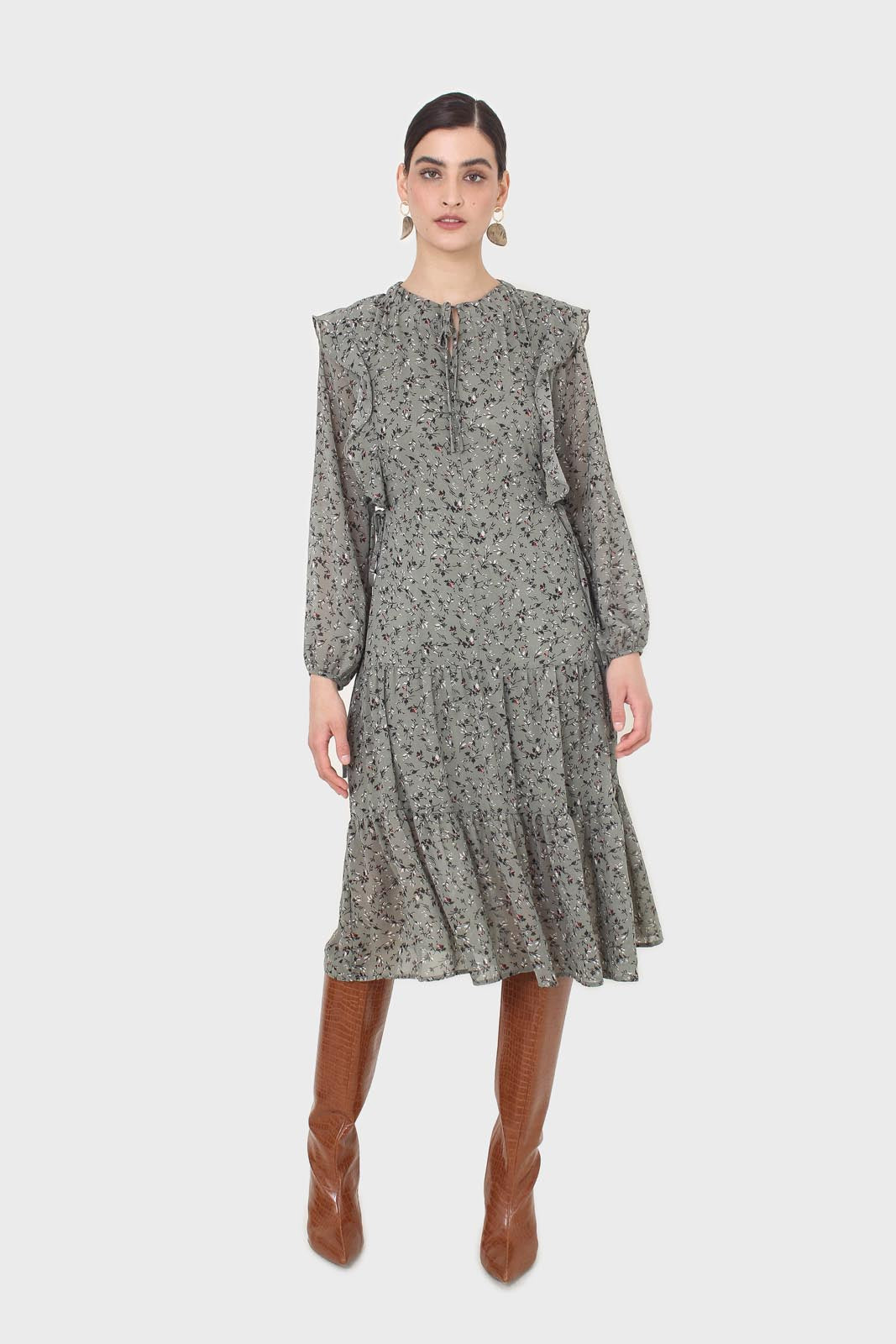 Khaki green floral tie neck dress_1