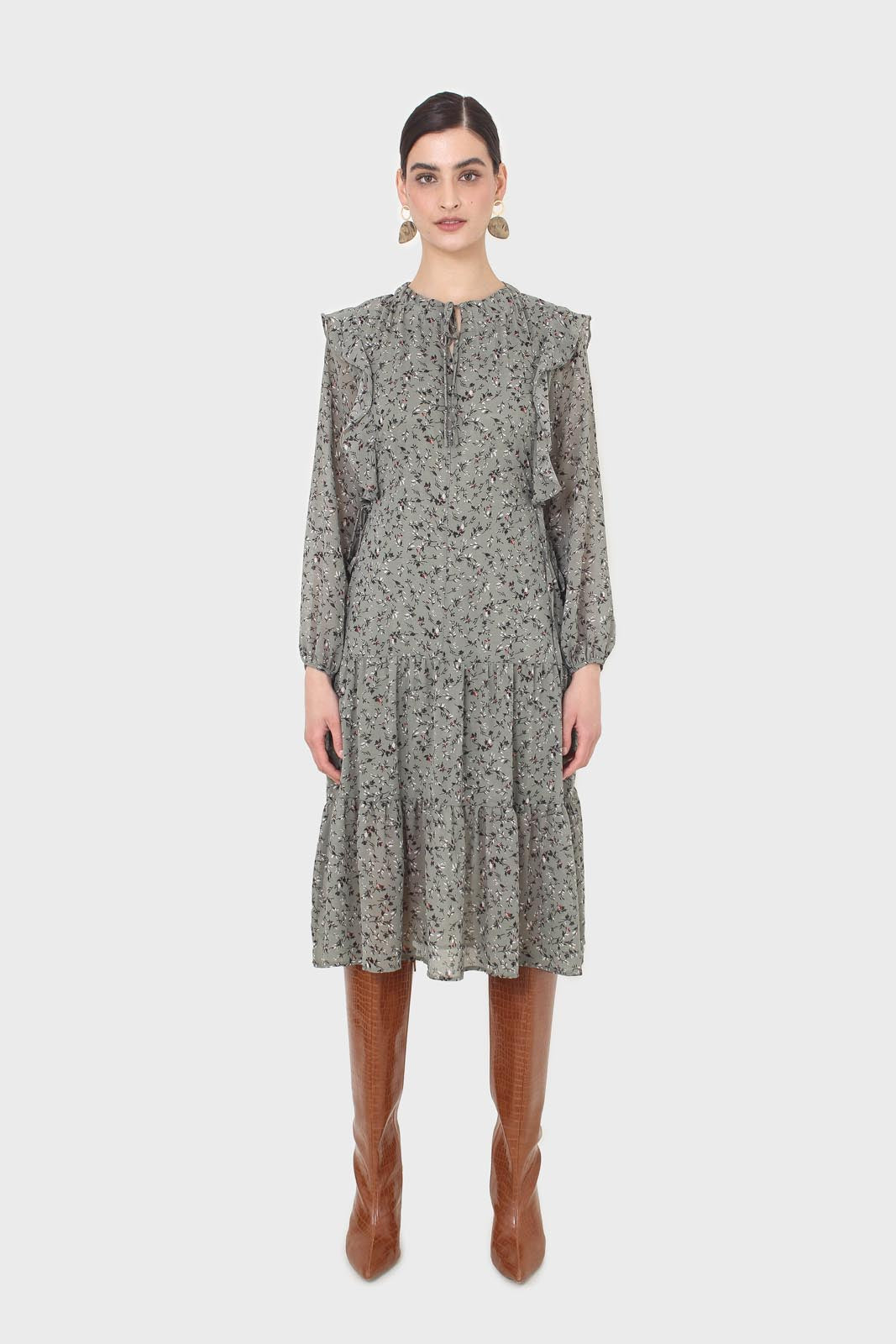 Khaki green floral tie neck dress_6