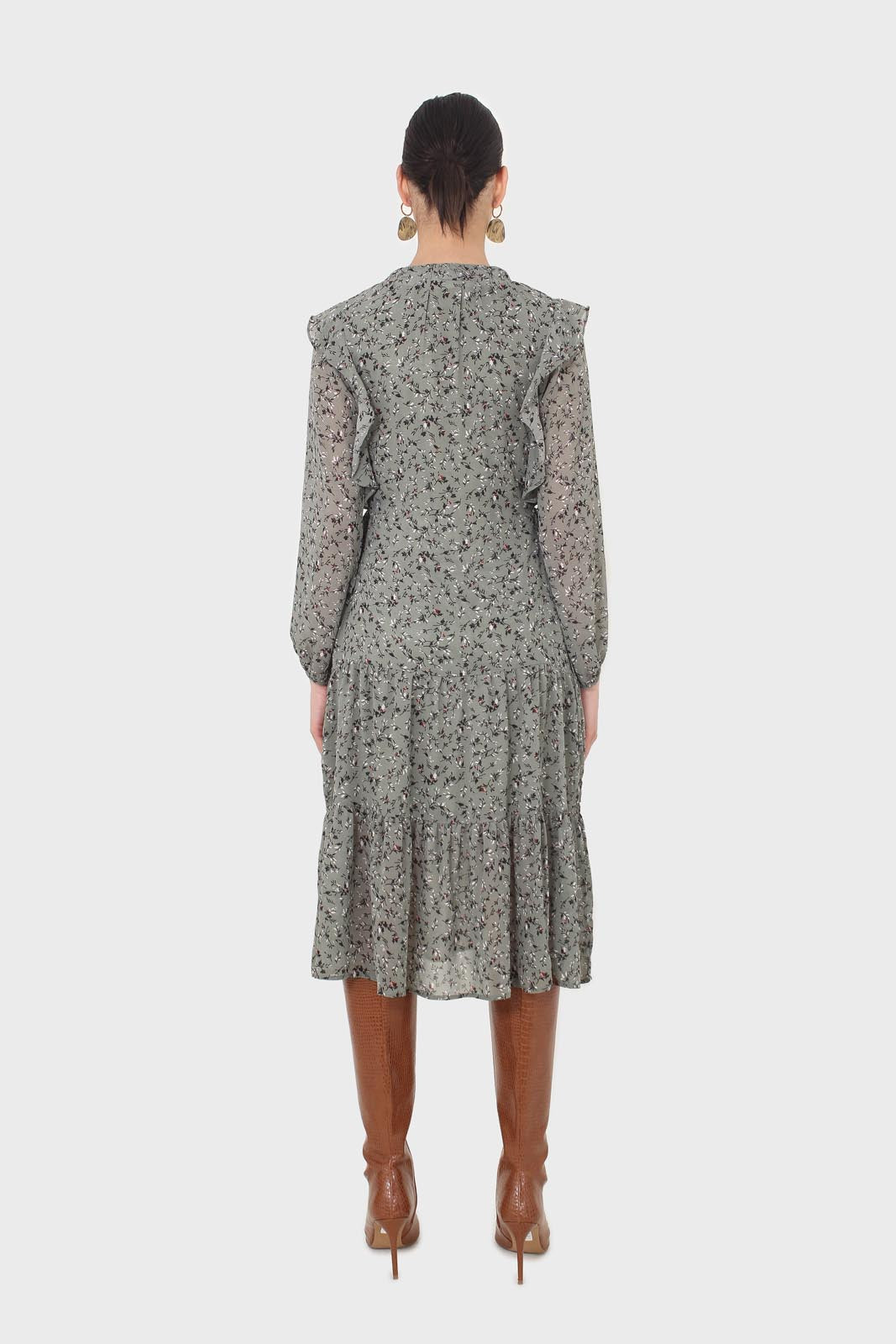 Khaki green floral tie neck dress_7