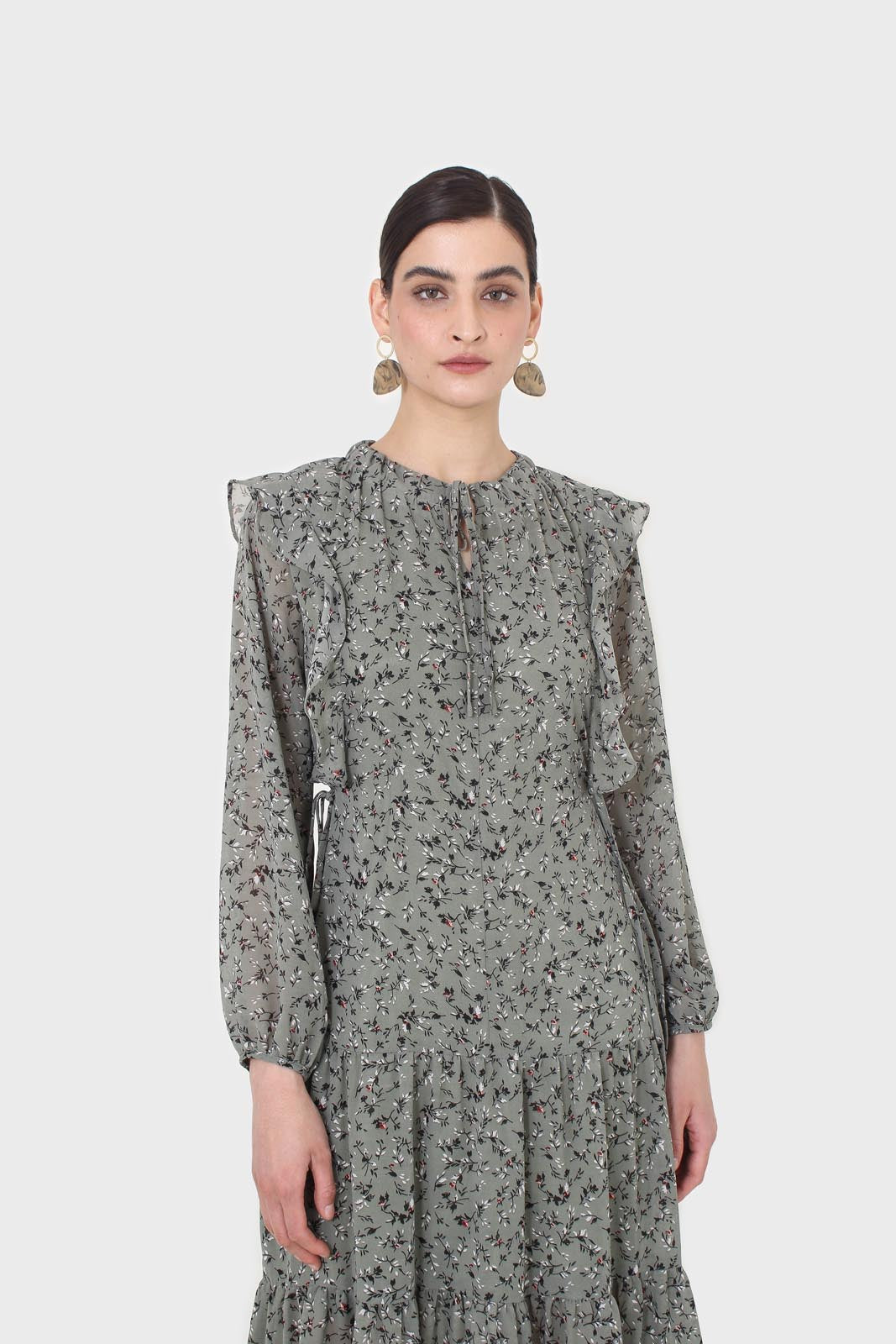 Khaki green floral tie neck dress_11