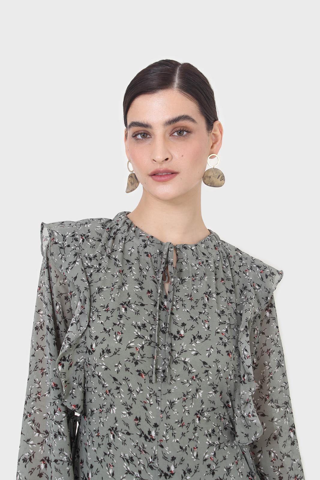 Khaki green floral tie neck dress_2