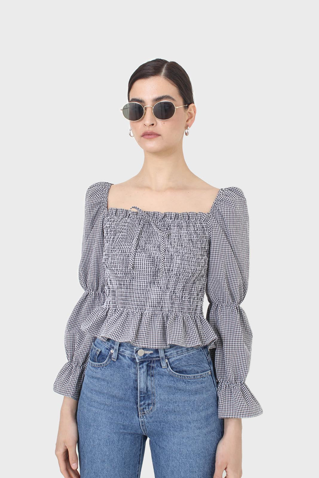 Black and white gingham ruched blouse_5