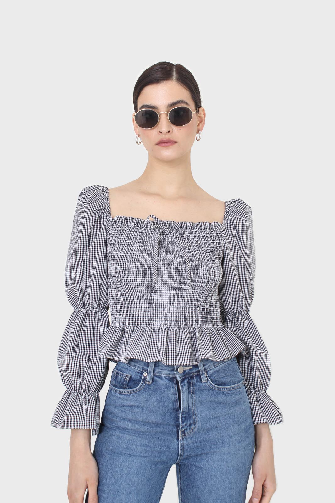 Black and white gingham ruched blouse_1