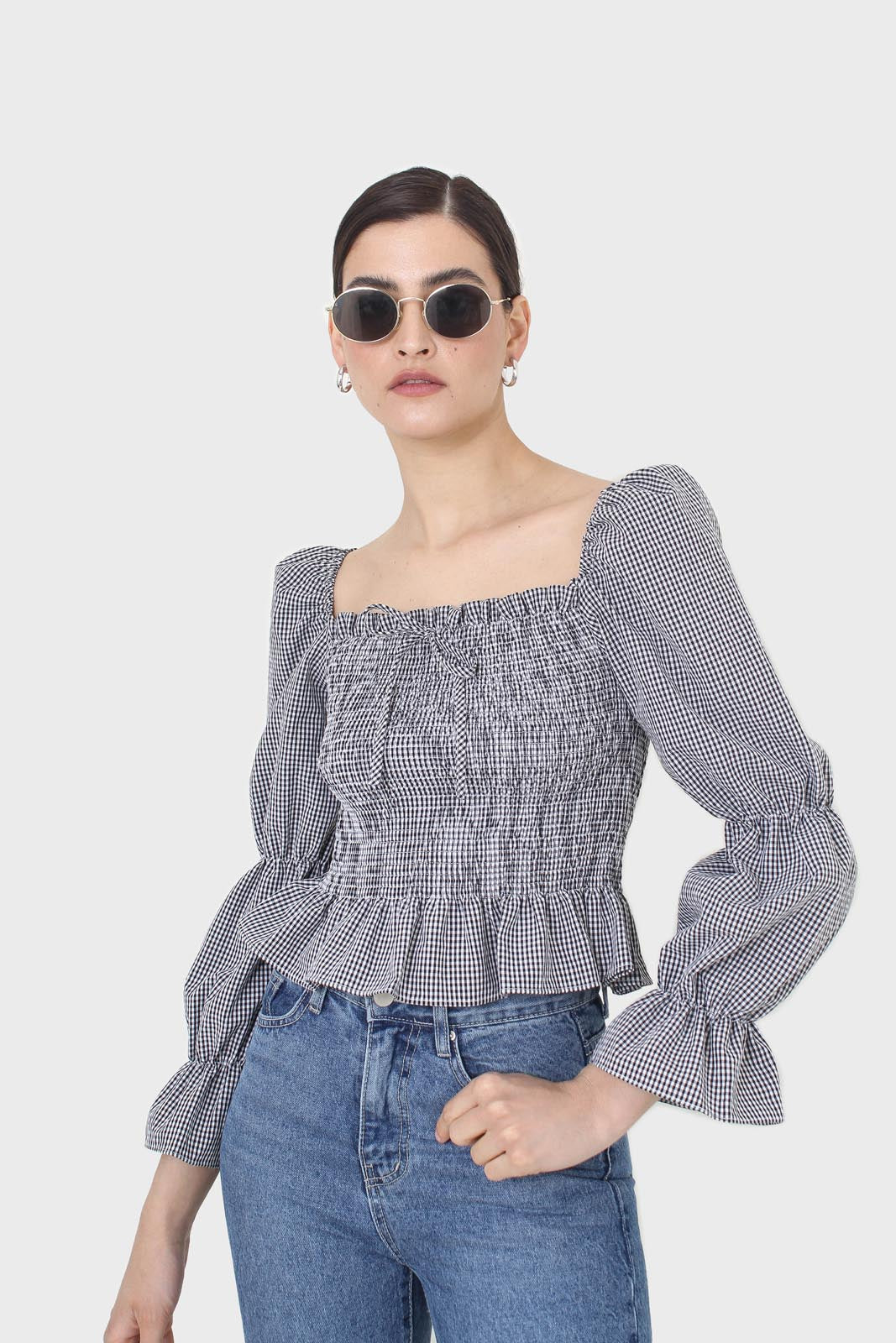 Black and white gingham ruched blouse_6
