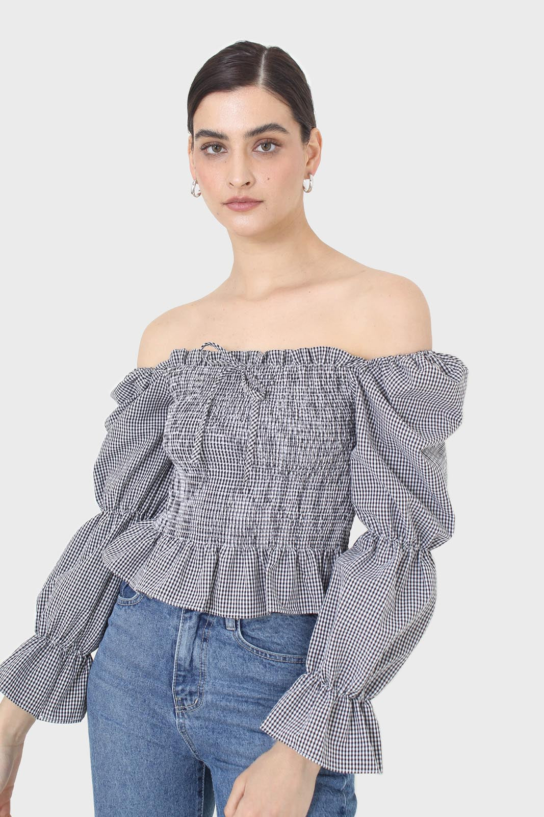 Black and white gingham ruched blouse_4