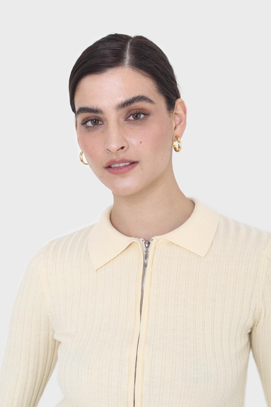 Pale yellow zip up fitted knit top_2