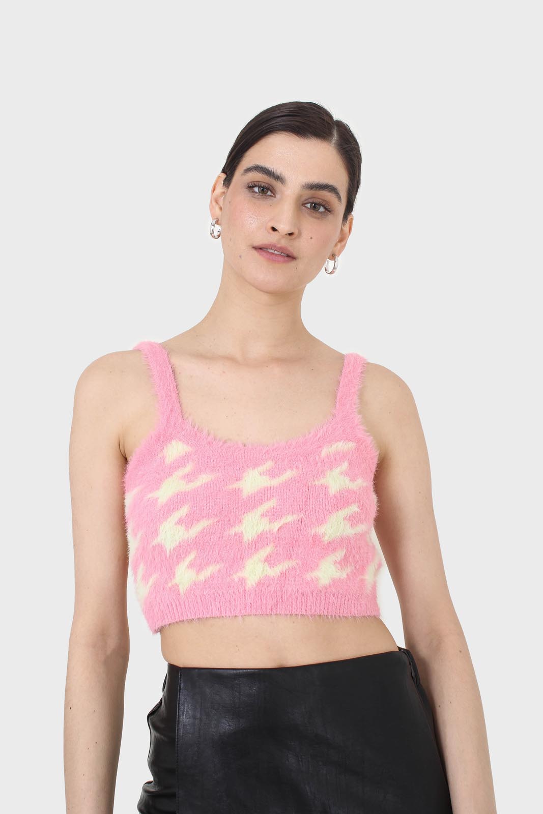 Pink and cream houndstooth fuzzy bralette_1