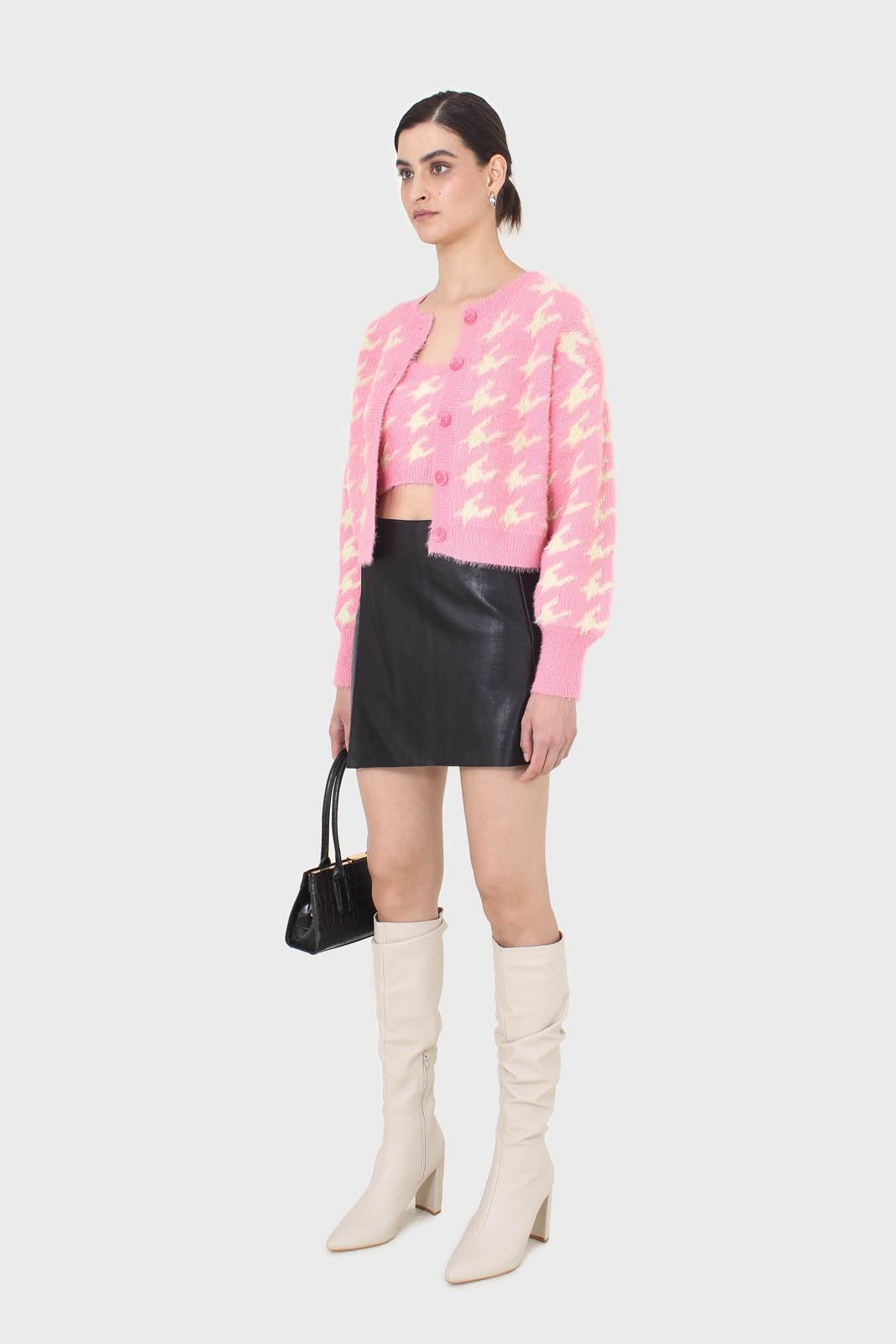 Pink and cream houndstooth fuzzy cardigan_6