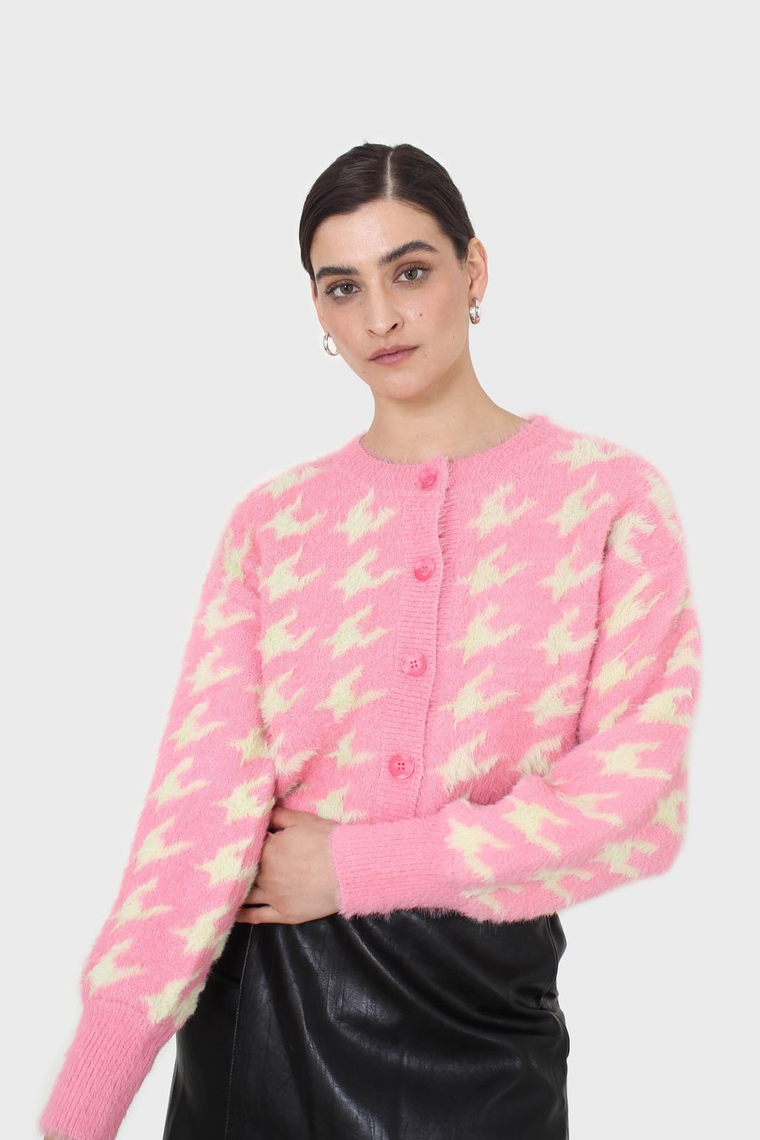 Pink and cream houndstooth fuzzy cardigan_3