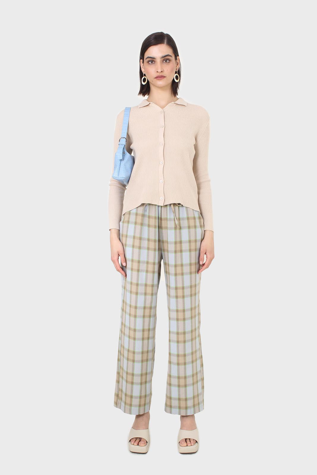 Blue and khaki plaid loose fit trousers_2