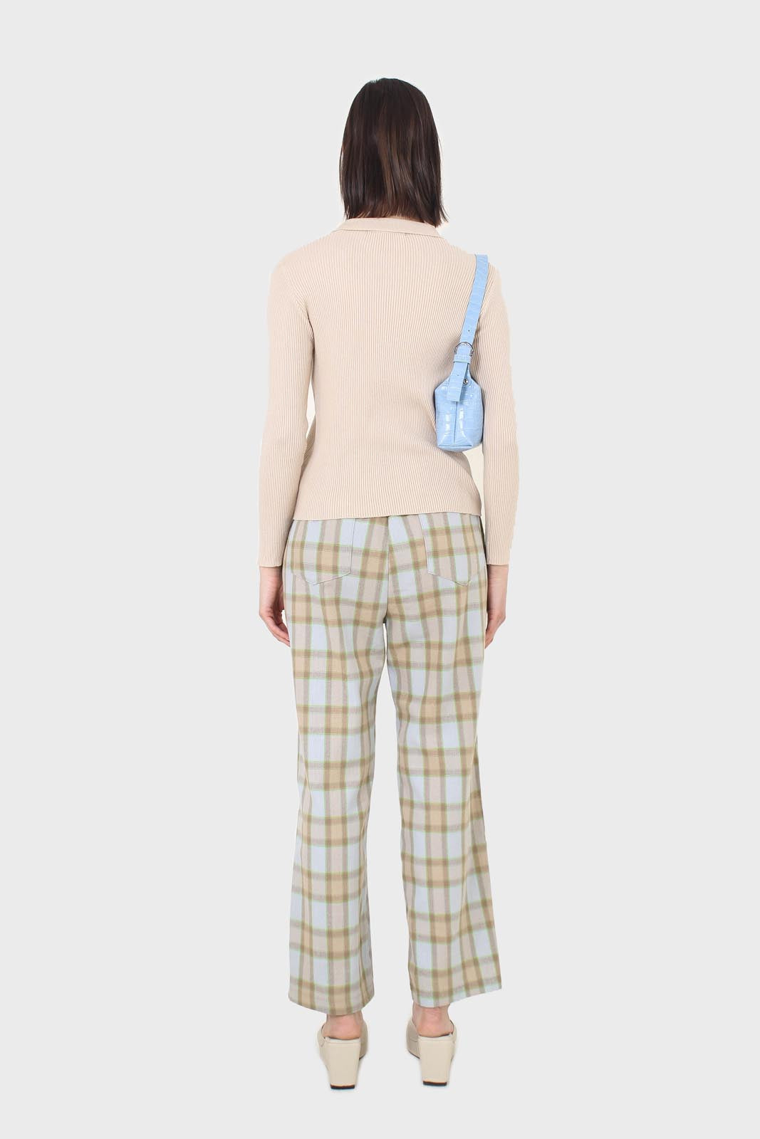 Blue and khaki plaid loose fit trousers_6
