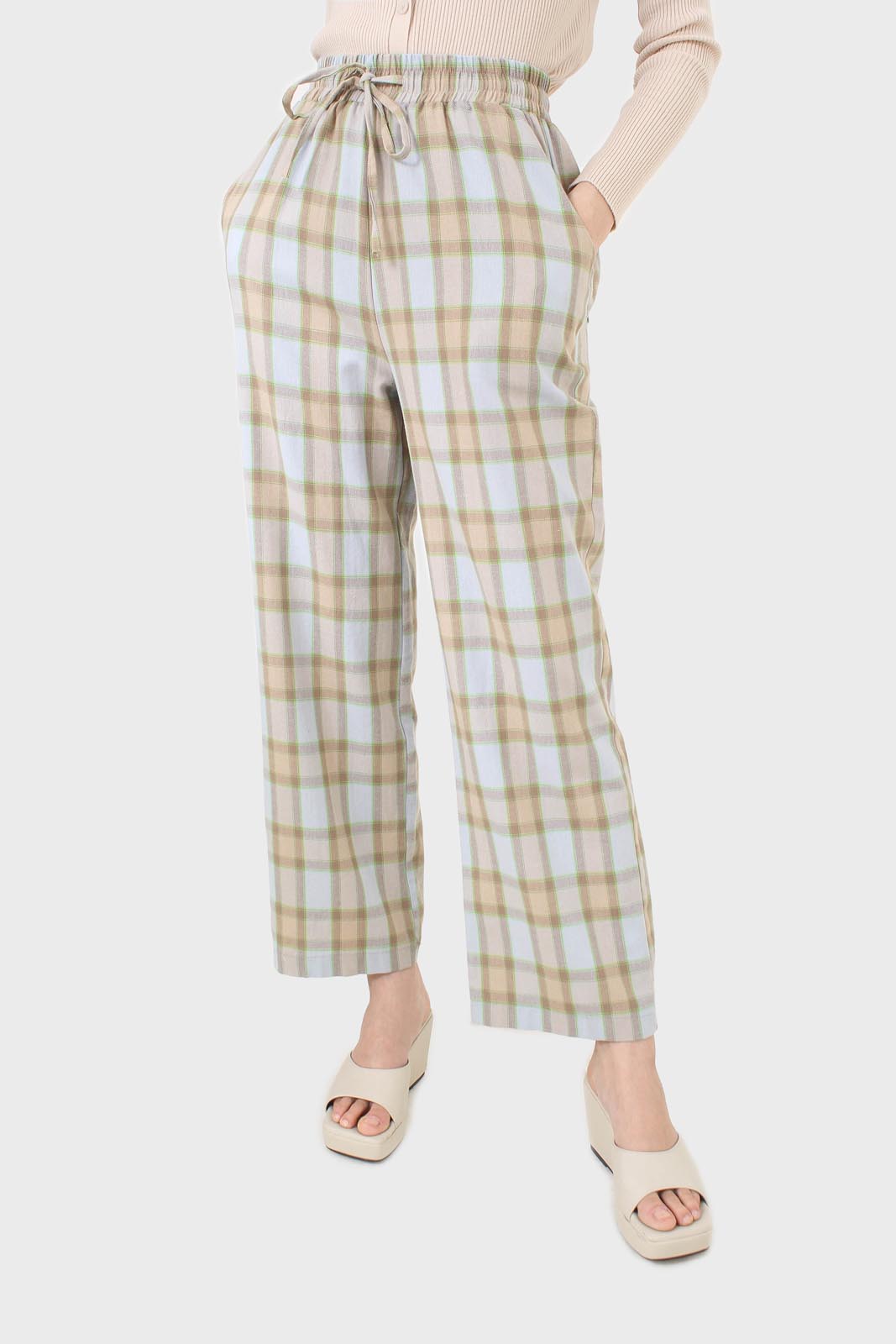 Blue and khaki plaid loose fit trousers_1