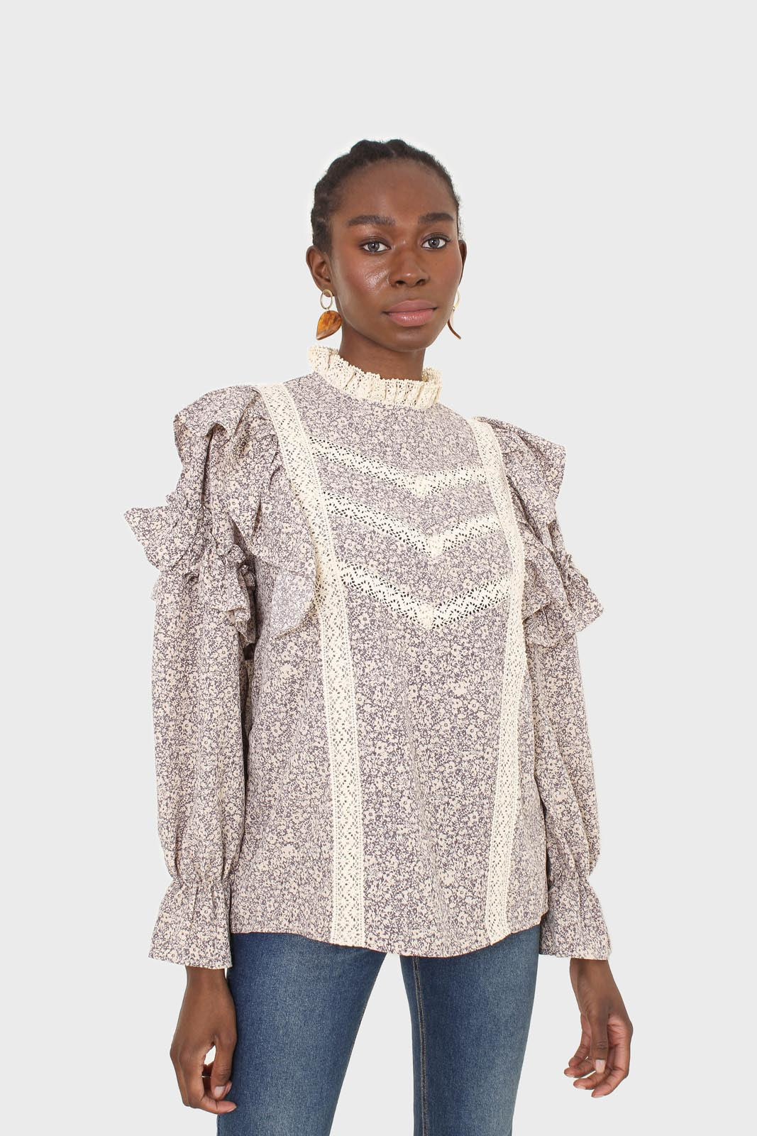 Violet and beige floral print lace trim top_6