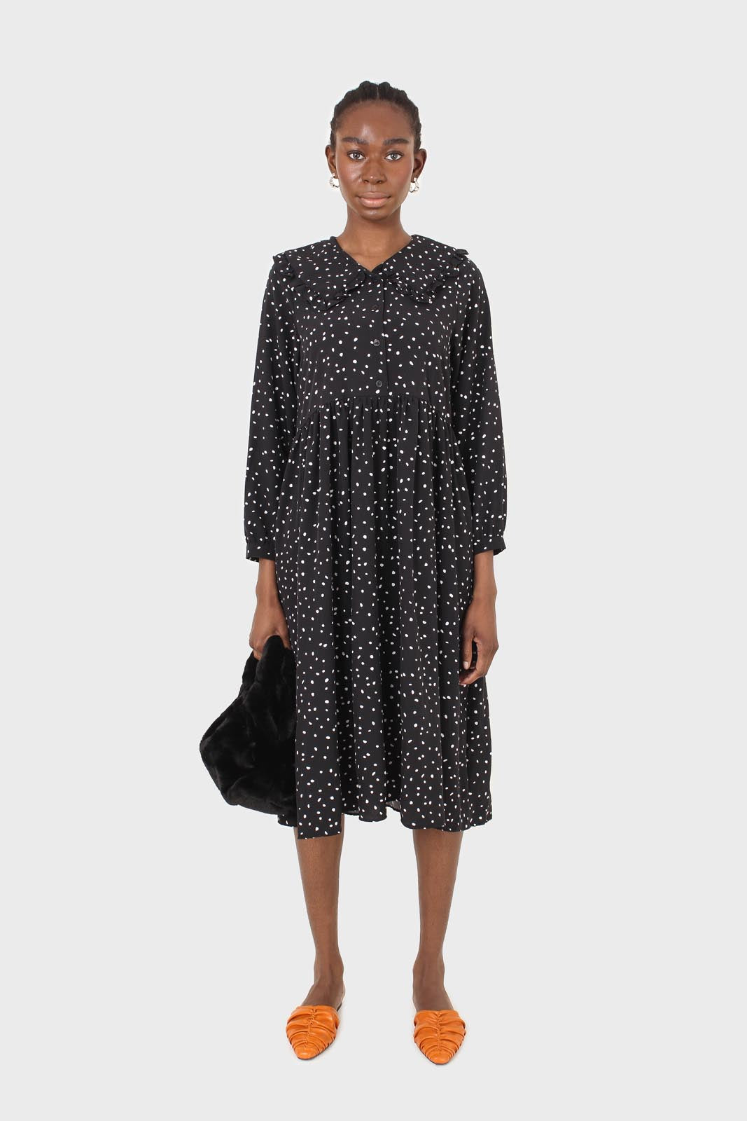 Black and white polka dot decorative collar dress_1