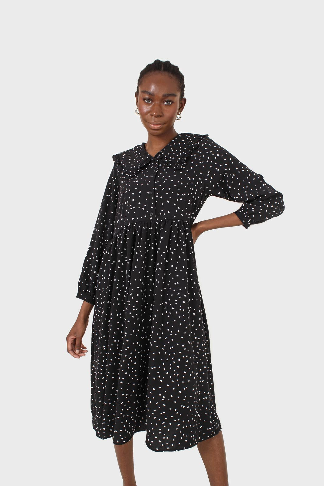 Black and white polka dot decorative collar dress_5