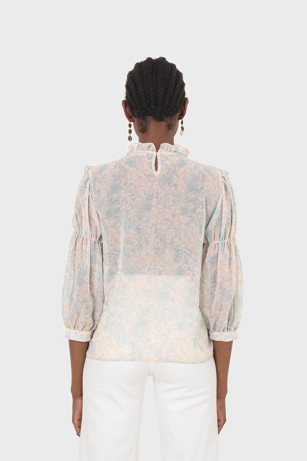 Blue watercolour printed ruched blouse_5