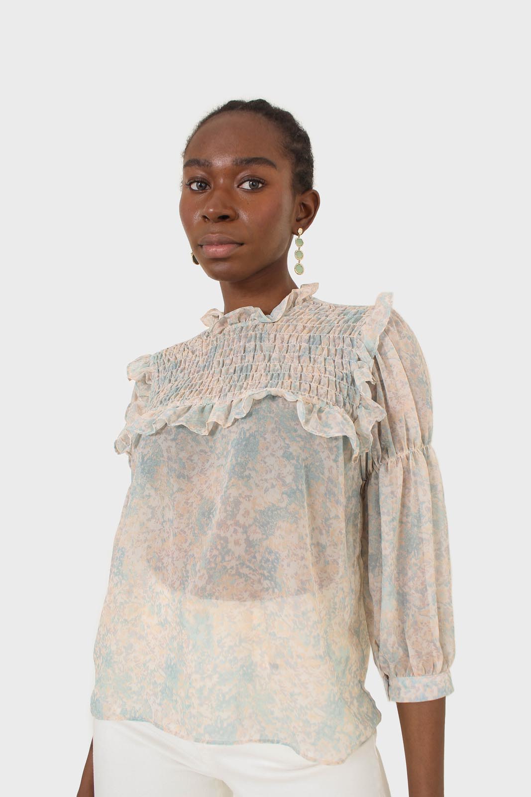 Blue watercolour printed ruched blouse_8