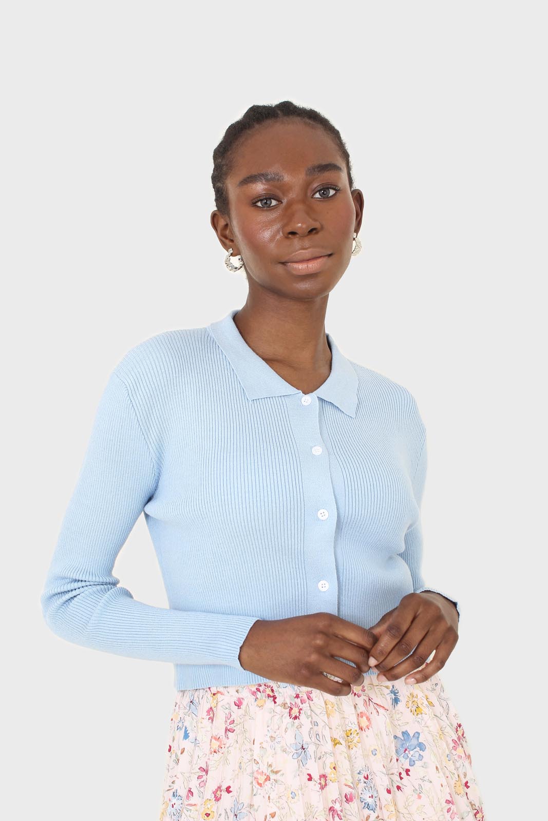 Blue polo knit long sleeve top_1