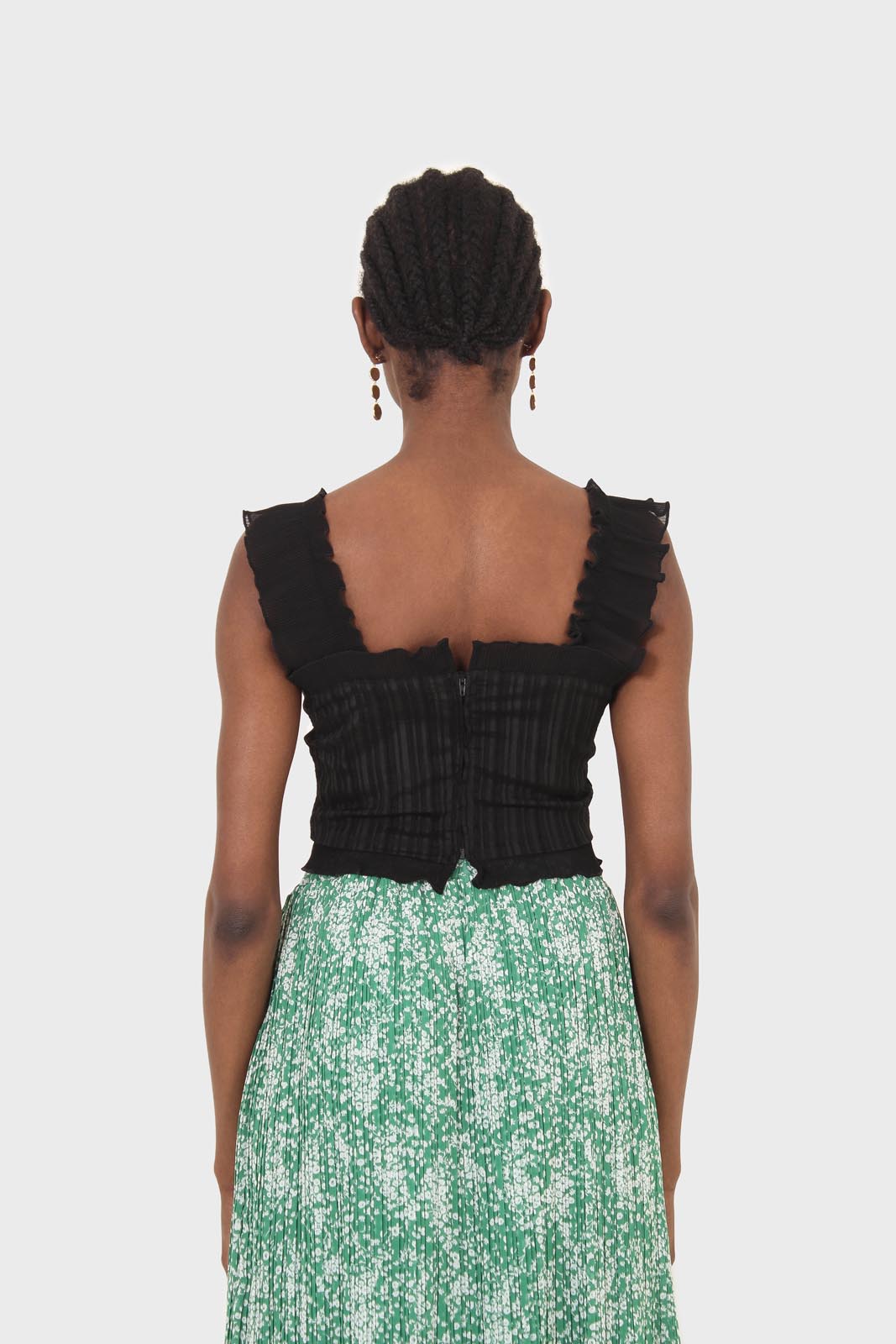 Green and white printed pleated midi skirt_8