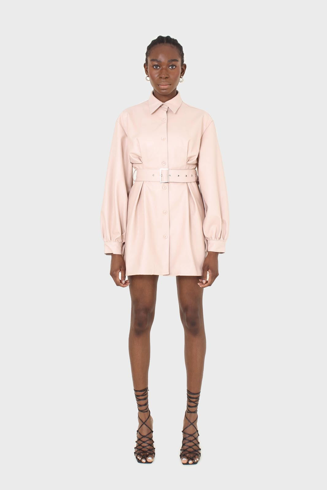 Pale pink vegan leather belted dress_1