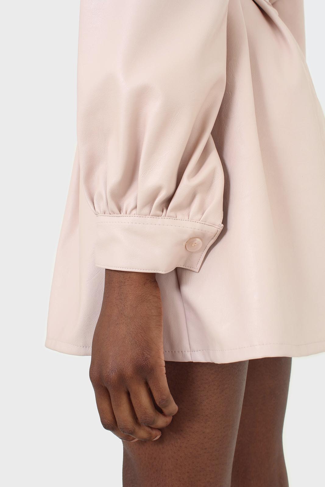 Pale pink vegan leather belted dress_5