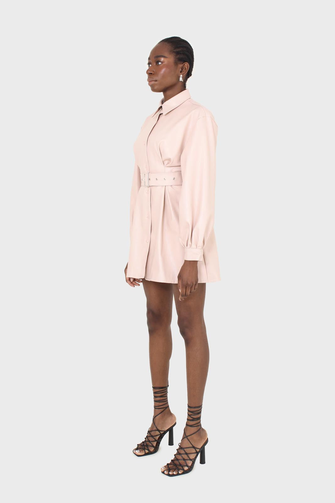 Pale pink vegan leather belted dress_7