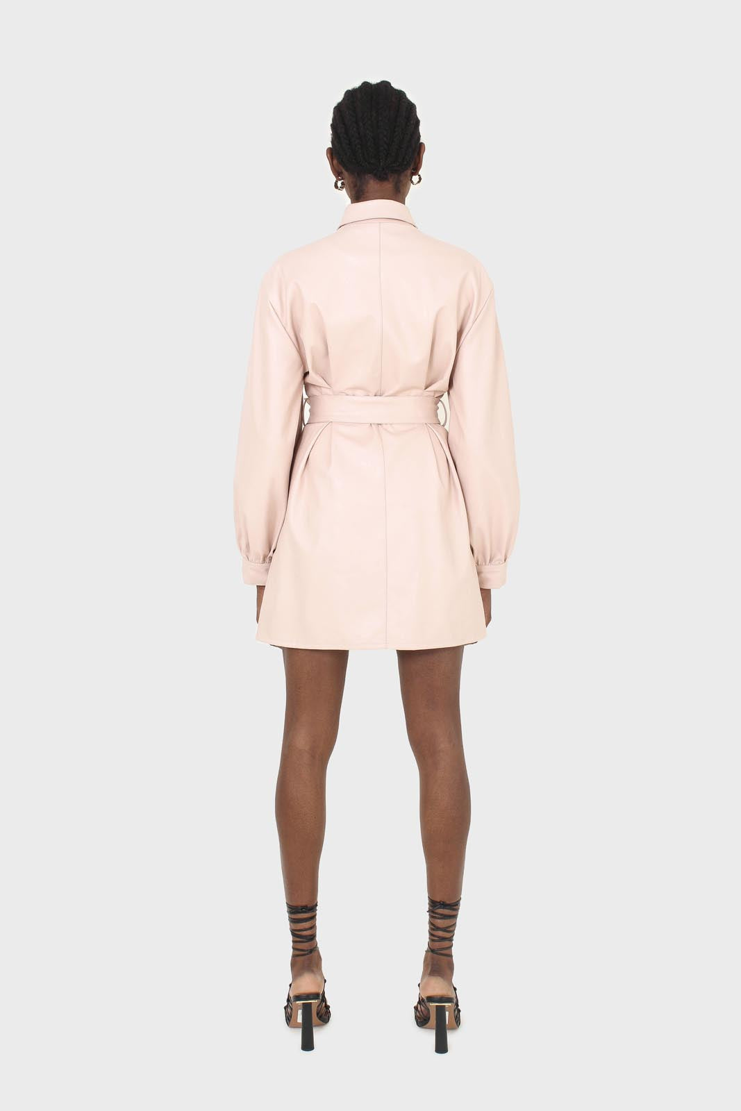 Pale pink vegan leather belted dress_3