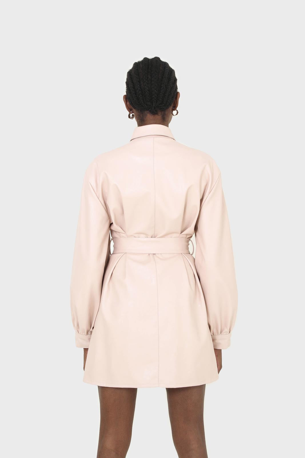 Pale pink vegan leather belted dress_8