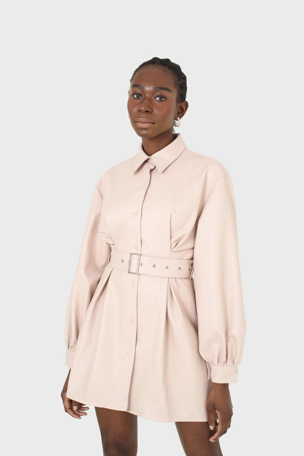 Pale pink vegan leather belted dress_9