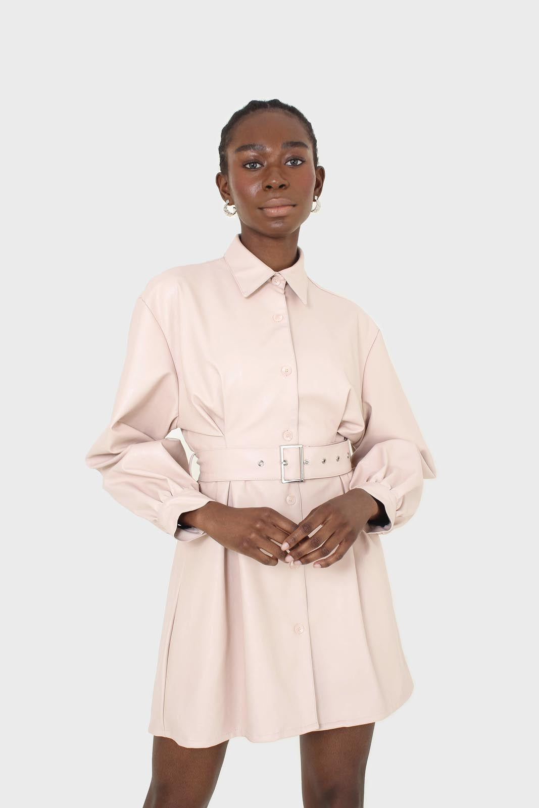 Pale pink vegan leather belted dress_10
