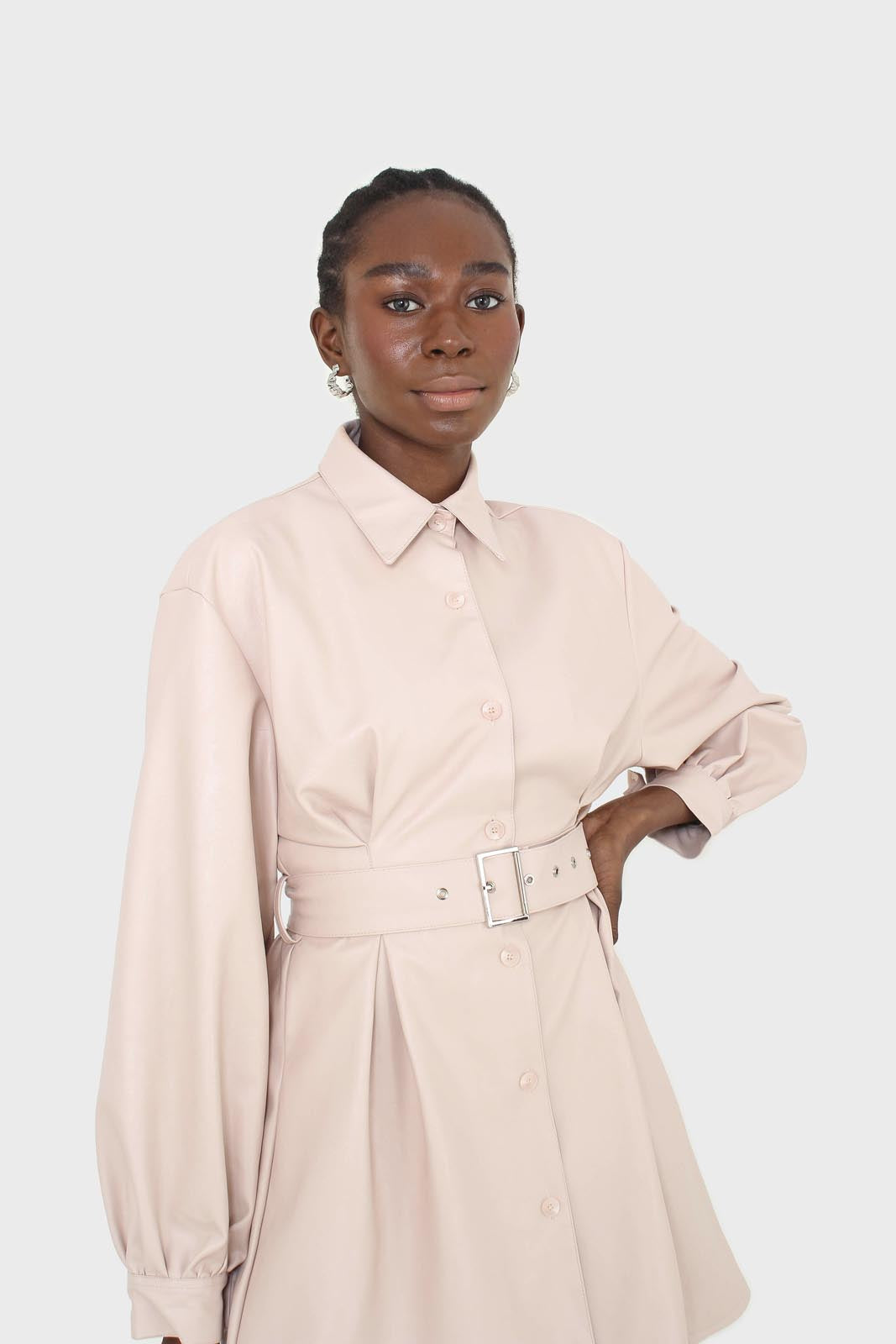 Pale pink vegan leather belted dress_11