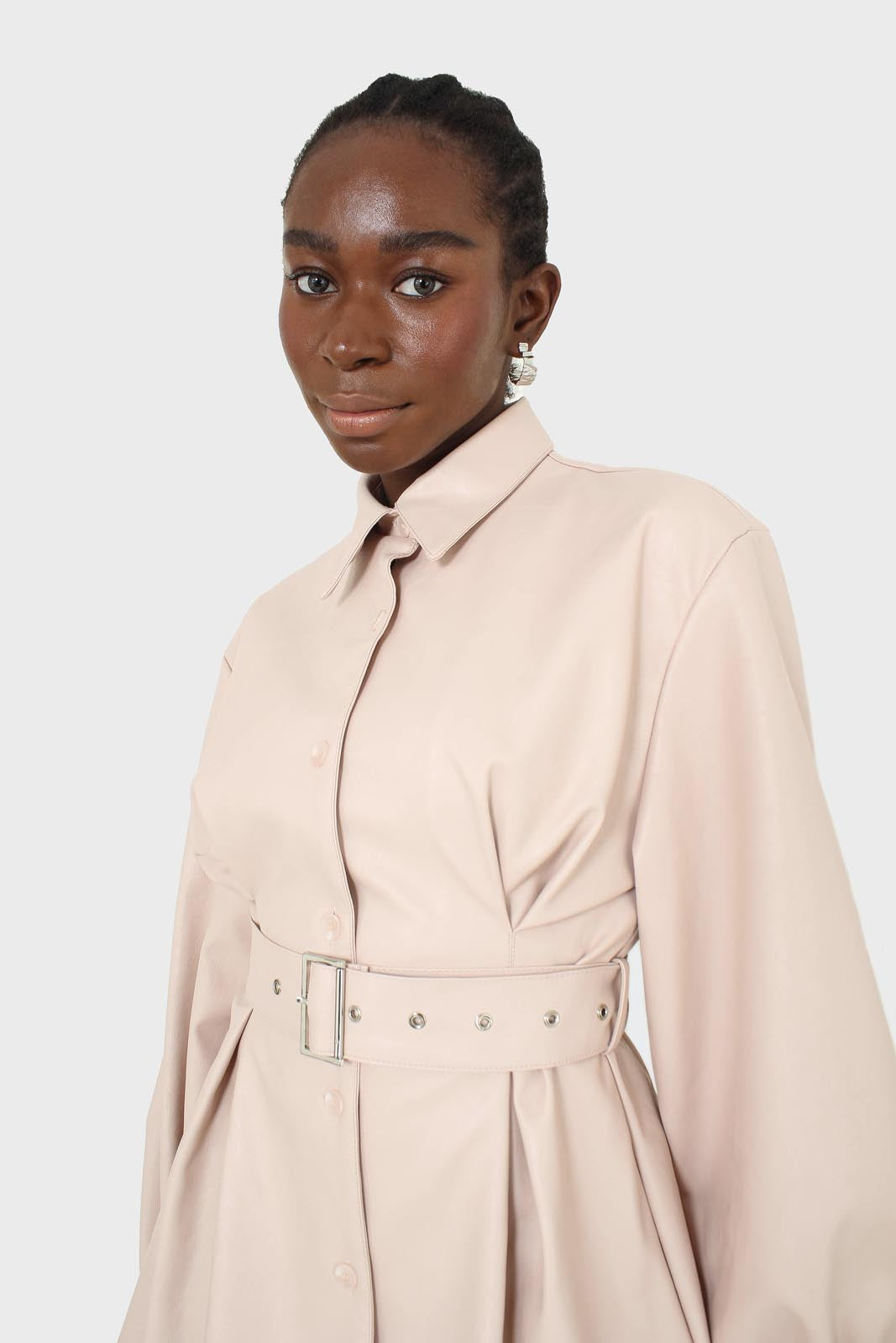 Pale pink vegan leather belted dress_4