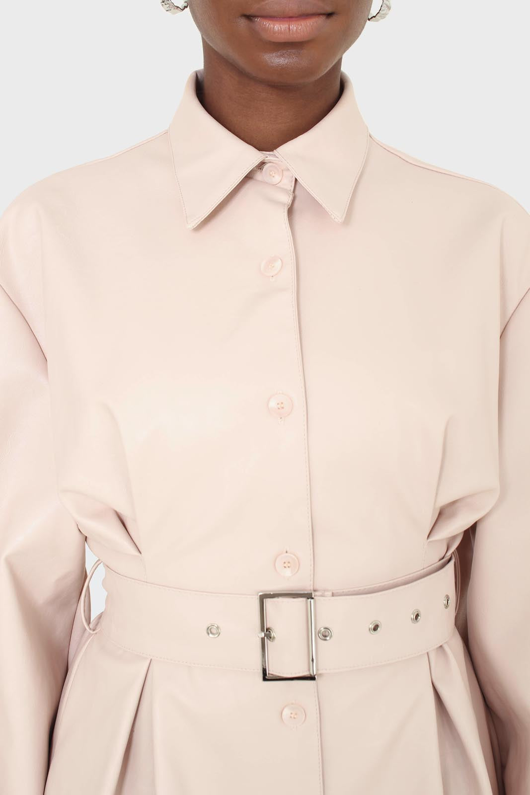 Pale pink vegan leather belted dress_2