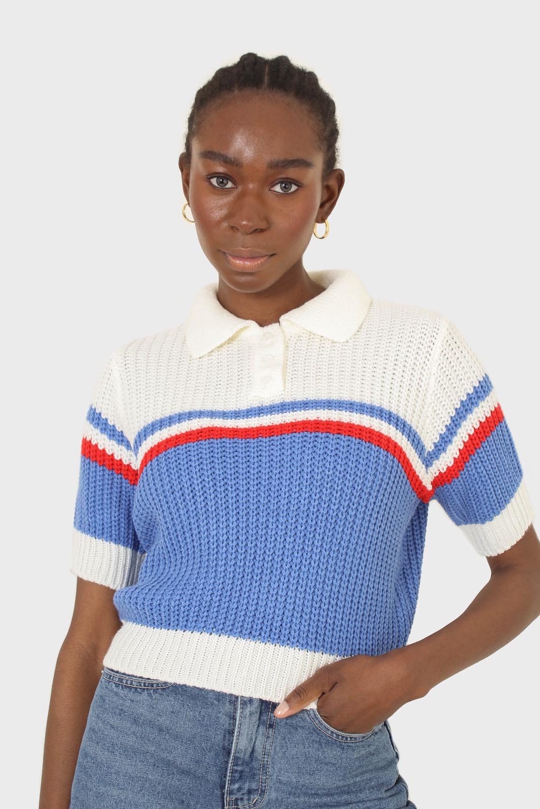 Blue and ivory polo short sleeve knit top_7