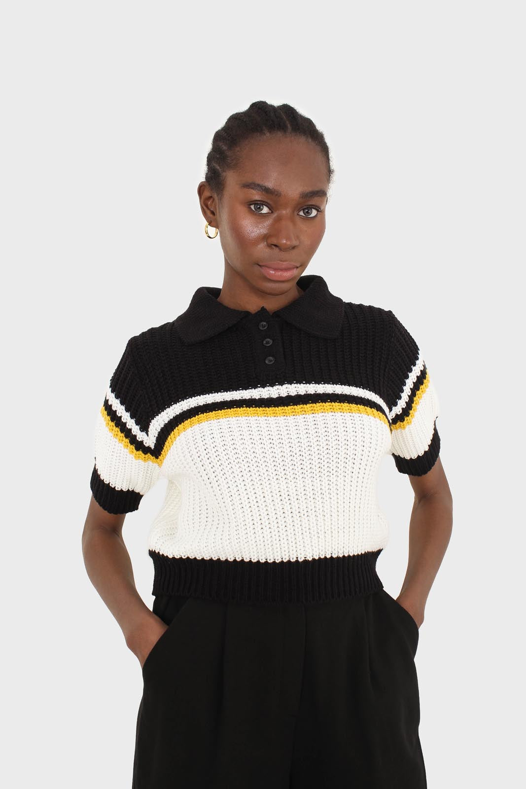 Black and ivory polo short sleeve knit top_9