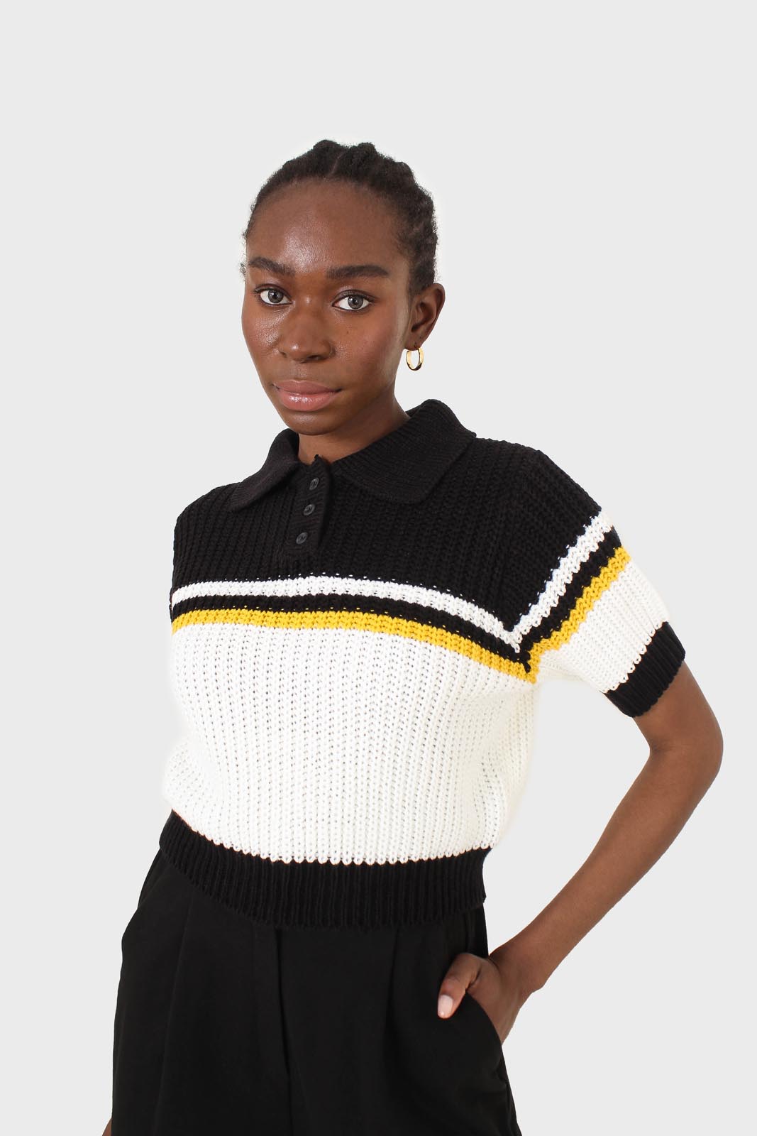 Black and ivory polo short sleeve knit top_10