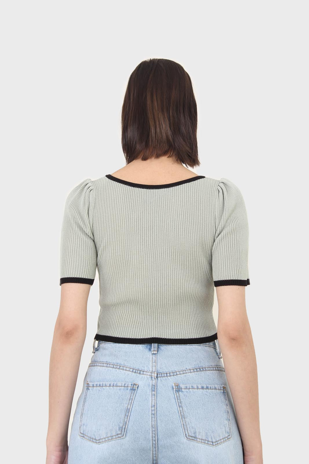 Mint and black binding puff sleeve knit top_3