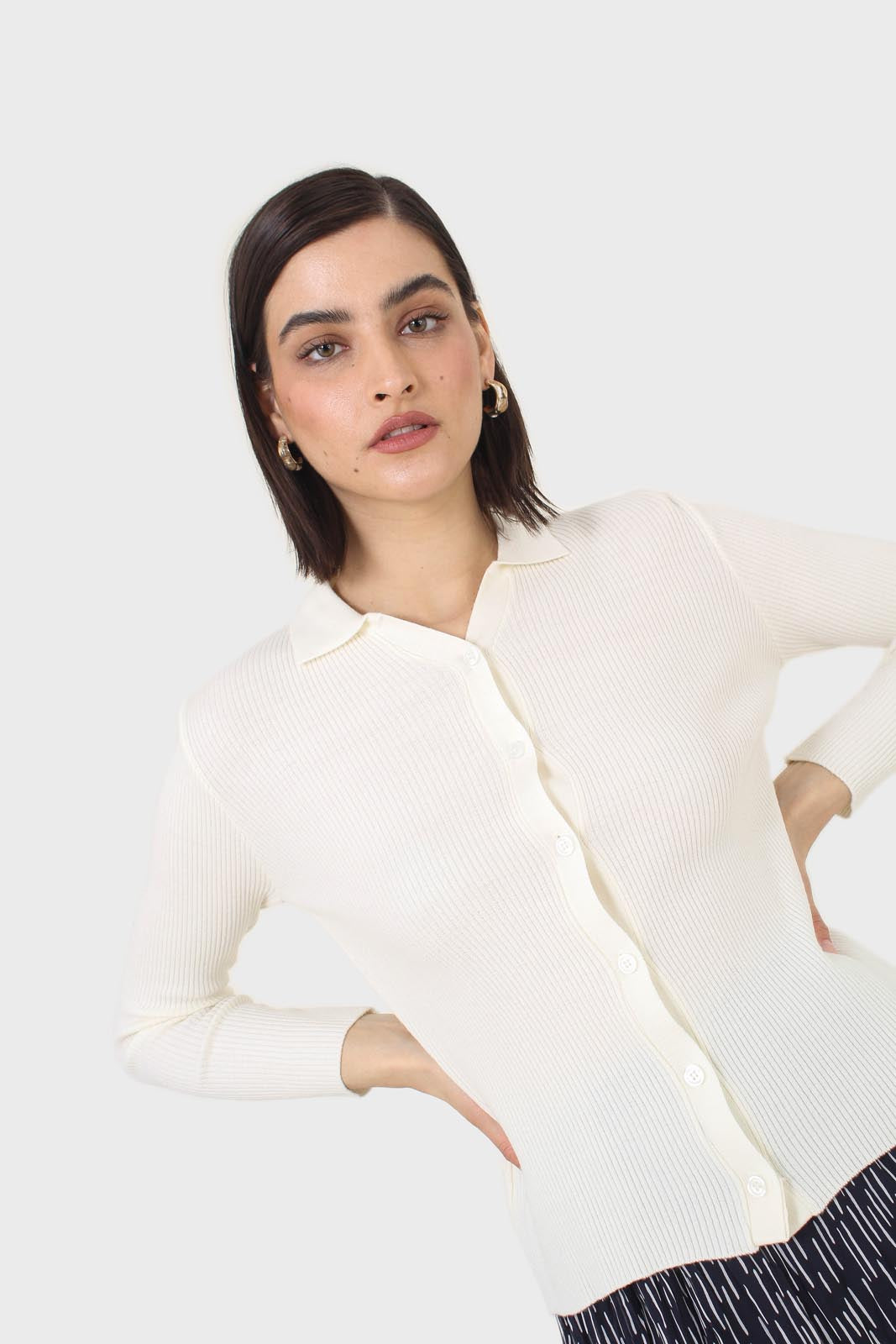 Ivory button front polo knit top_7