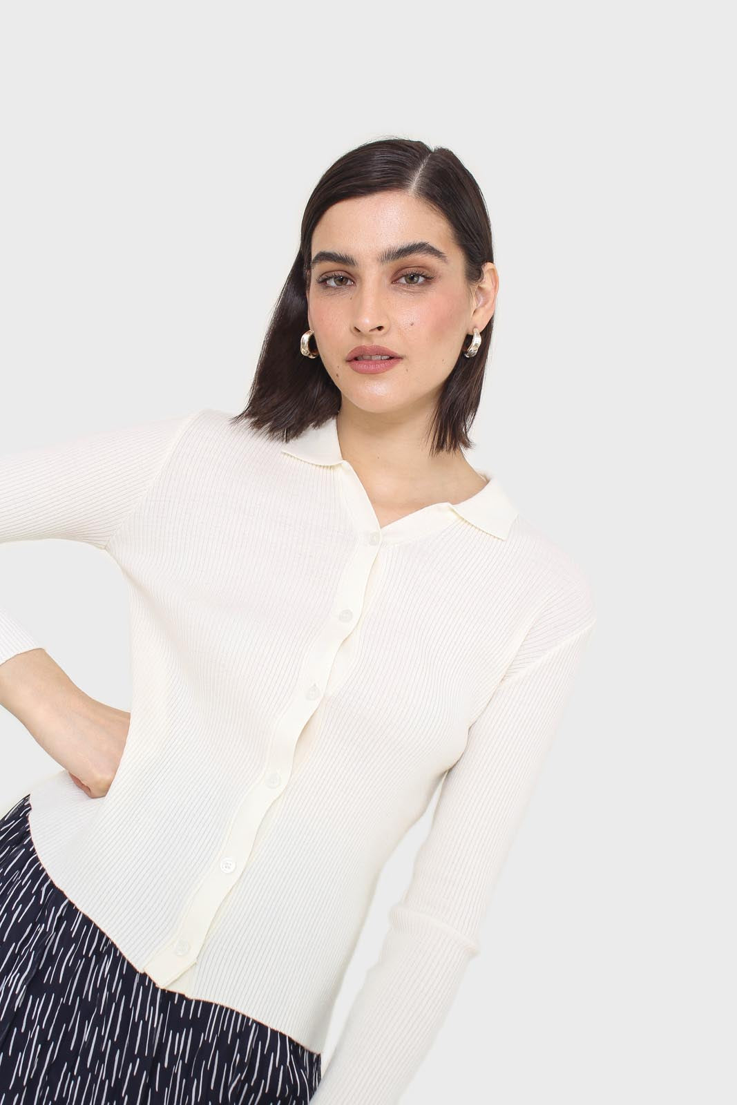 Ivory button front polo knit top_8