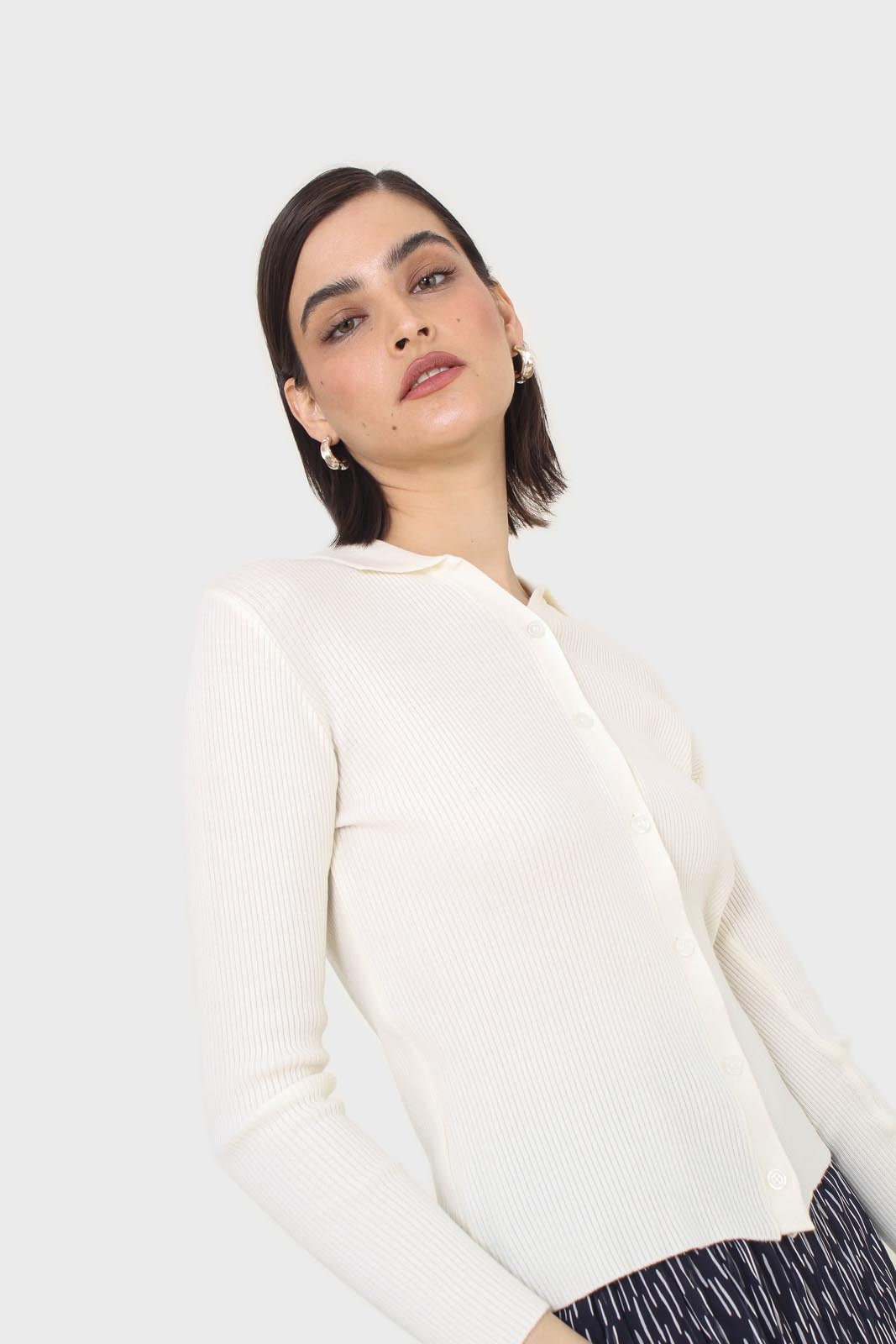 Ivory button front polo knit top_9