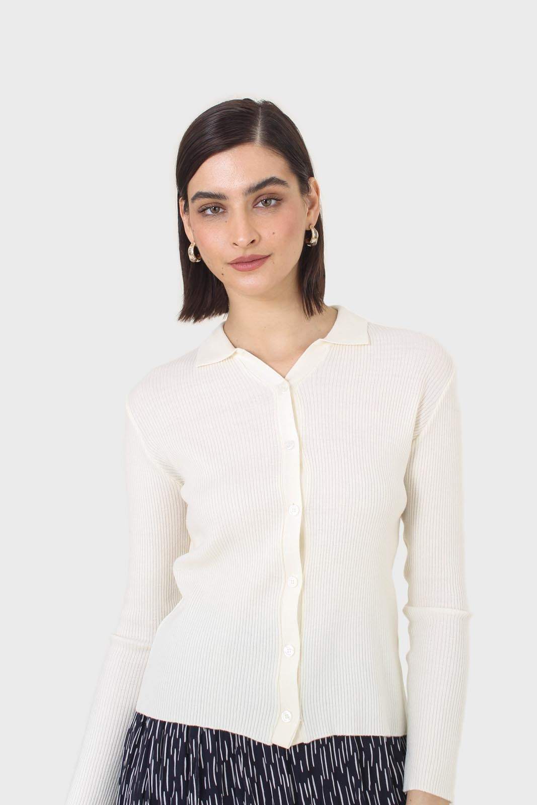 Ivory button front polo knit top_10