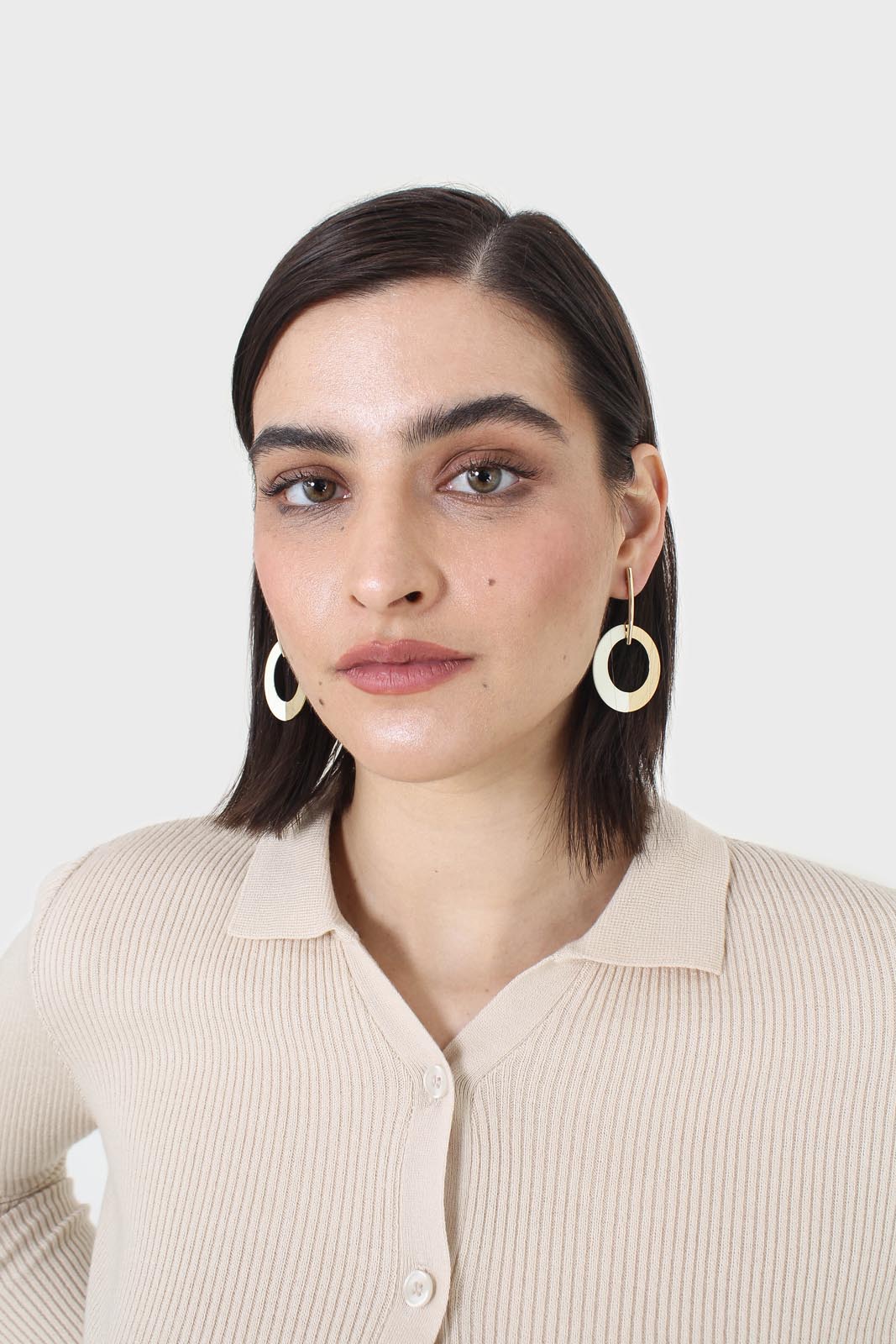 Beige button front polo knit top_2