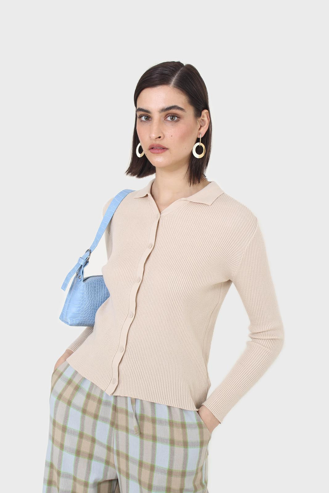 Beige button front polo knit top_8