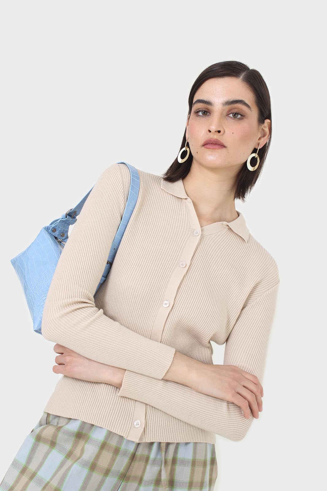 Beige button front polo knit top_4